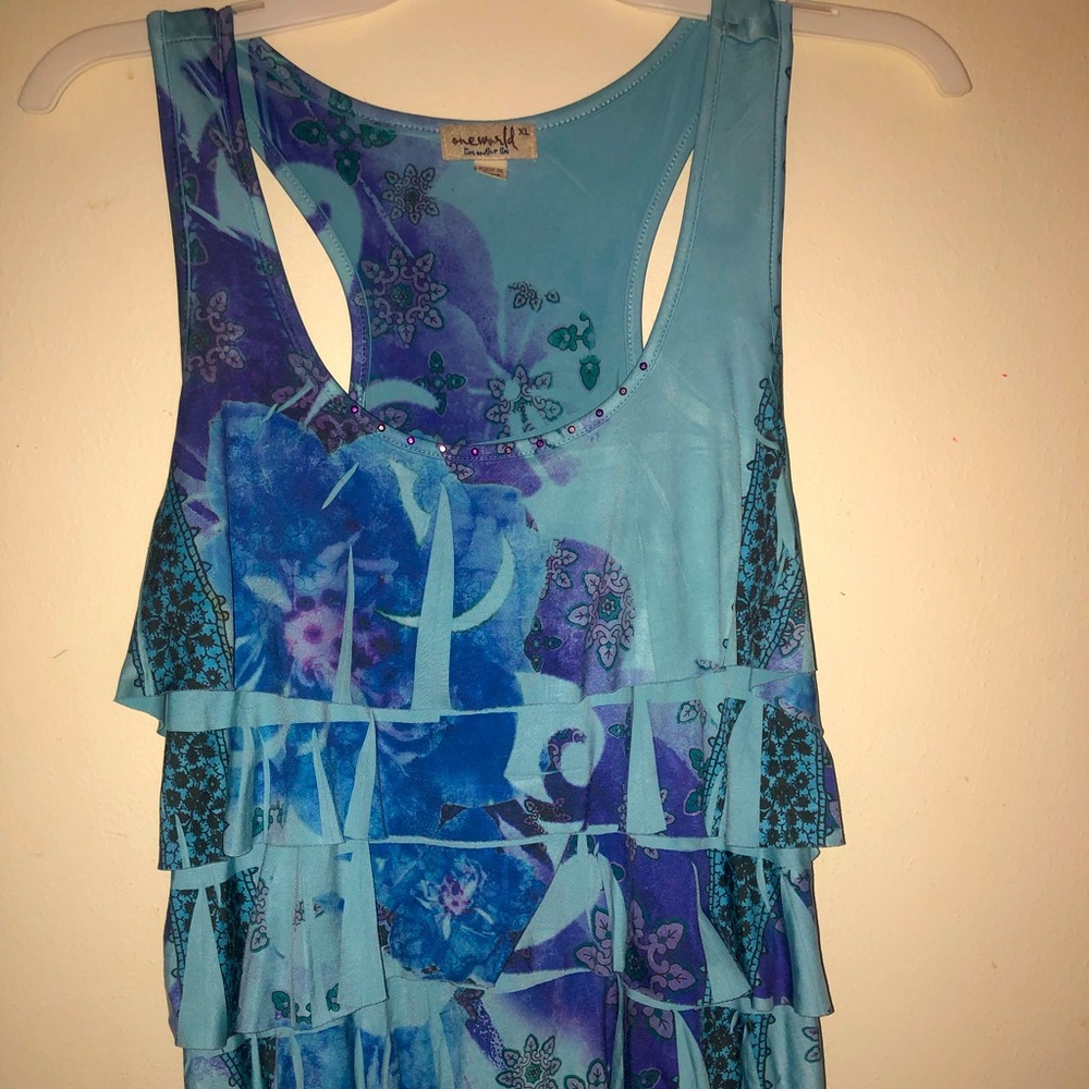 One World Blue Ruffled Tank